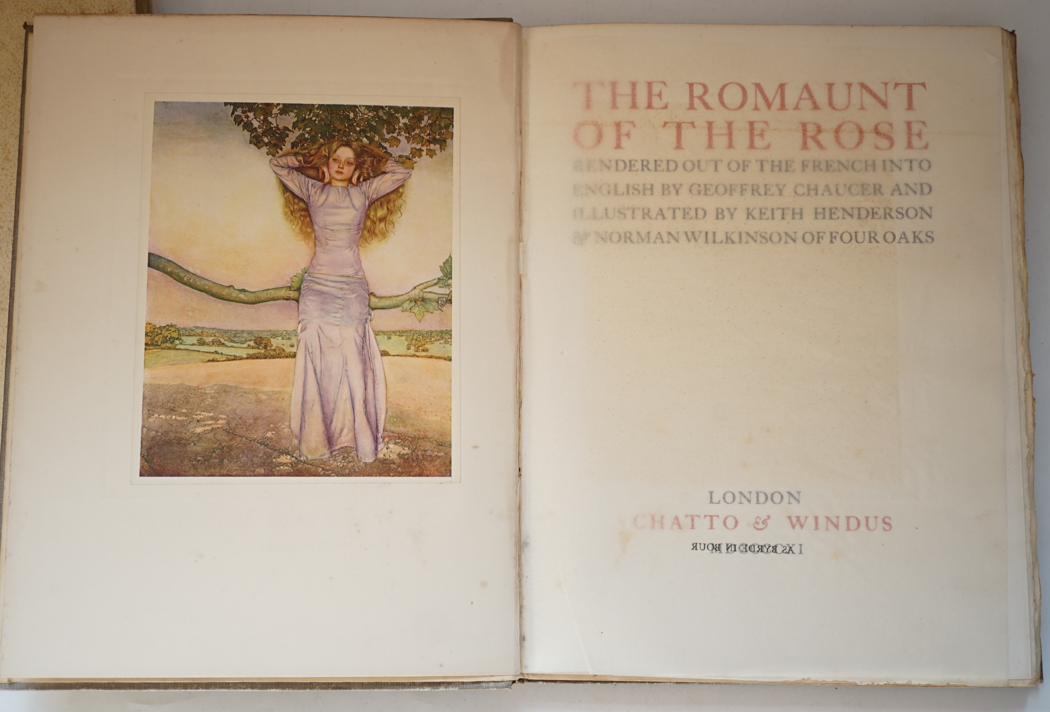 [Lorris, Guillaume de], Chaucer, Geoffrey (translator) - The Romaunt of the Rose, title and first page in red and black, 20 mounted colour plates by Keith Henderson and Norman Wilkinson, ink inscription on front free end